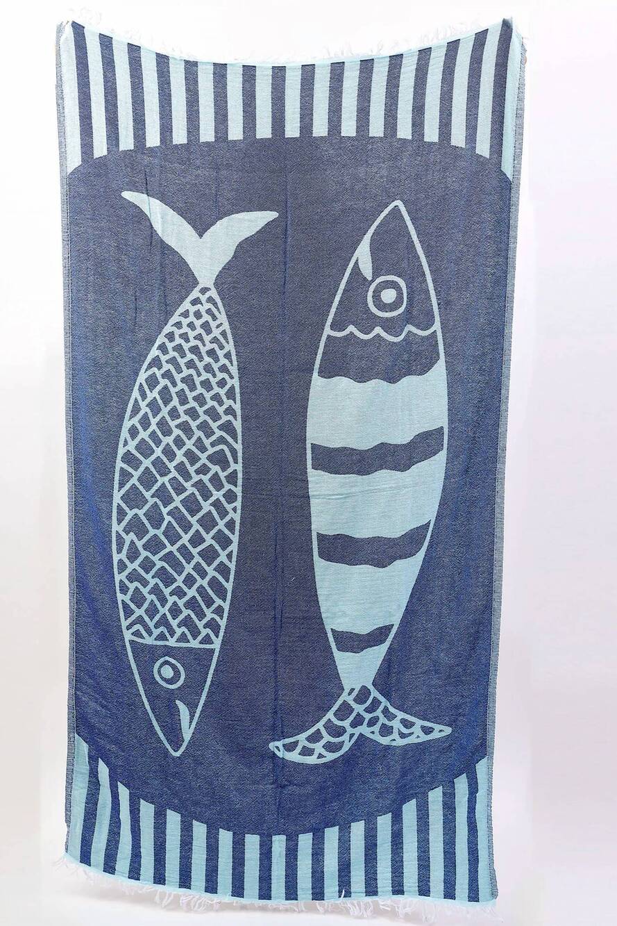 NEW HAT ATTACK turkish towel in double fish navy/teal
